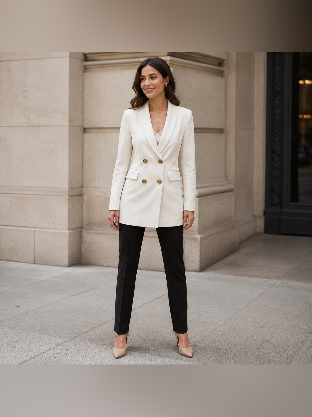 Zara Ivory Longline Double Breasted Blazer Gold Buttons XS